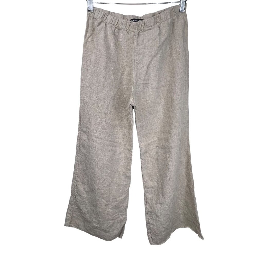 Kim & Cami Wide Leg Pants Size Large Linen High Rise Tan Beige Frayed Hem Casual
